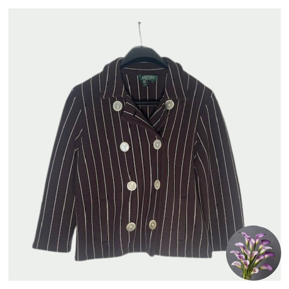 Ralph Lauren Brown, Double Breasted, Pinstriped Sweater Jacket - Size PL